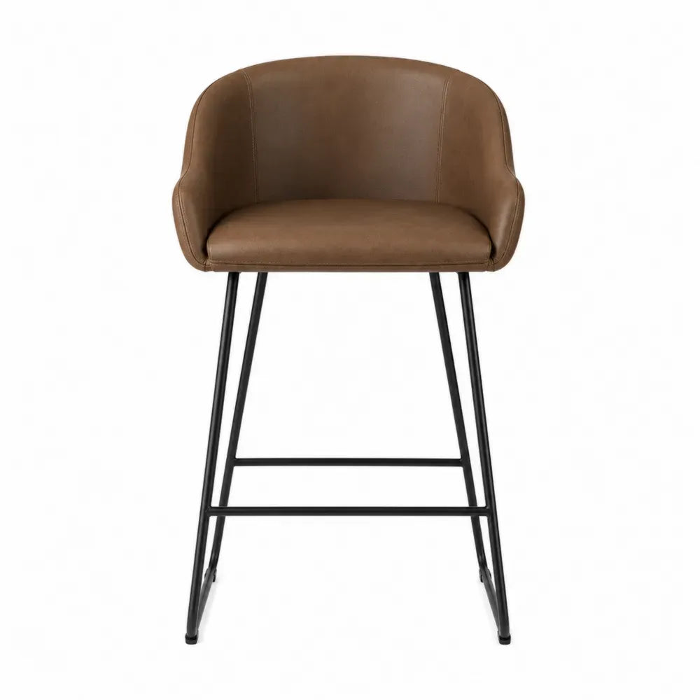 Taburete de bar tapizado en piel sintética marrón con estructura de acero negro asiento acolchado respaldo integrado 45 cm x 50 cm x 95 cm