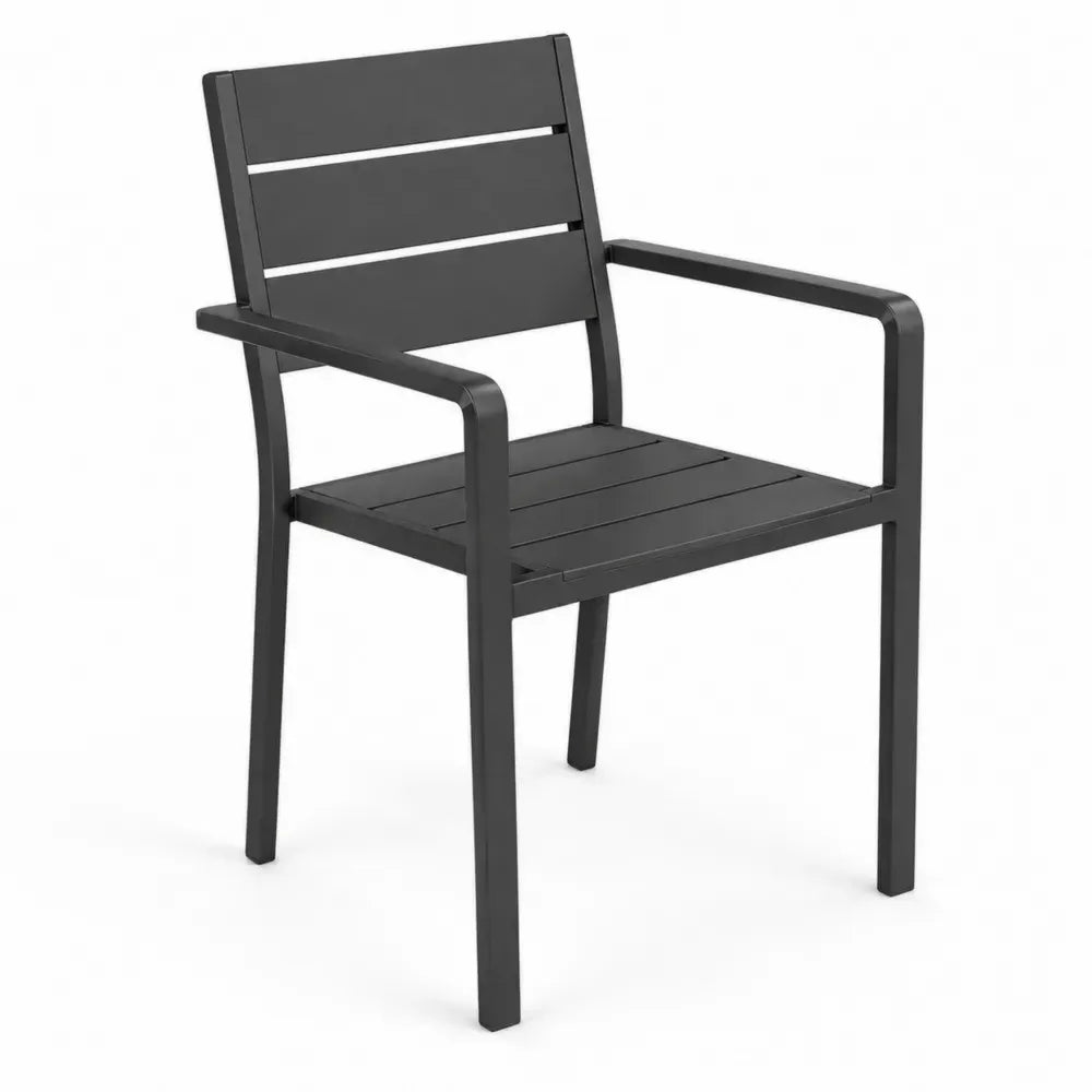 silla de exterior de acero con recubrimiento en polvo negro con reposabrazos y respaldo de lamas 55 cm x 55 cm x 85 cm
