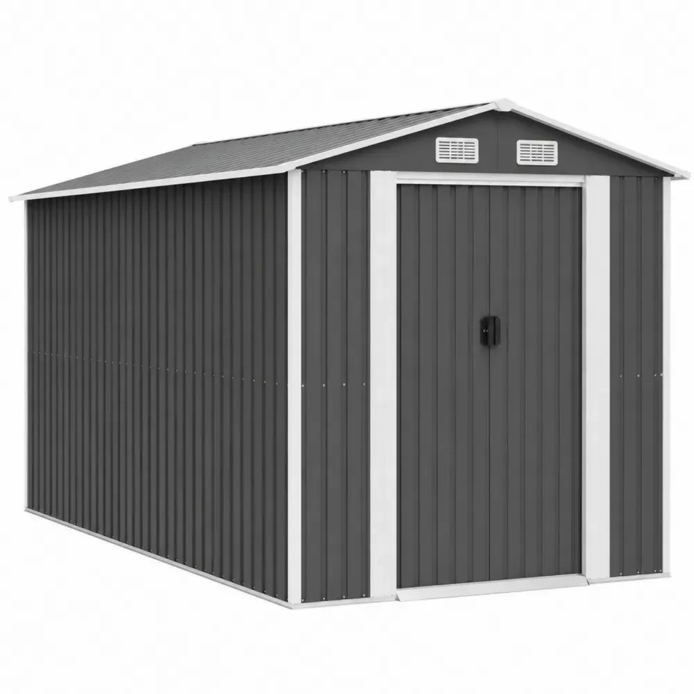 caseta de almacenamiento exterior de acero galvanizado con paneles acanalados puerta frontal abatible ventilación superior 277 cm x 191 cm x 192 cm gris oscuro blanco