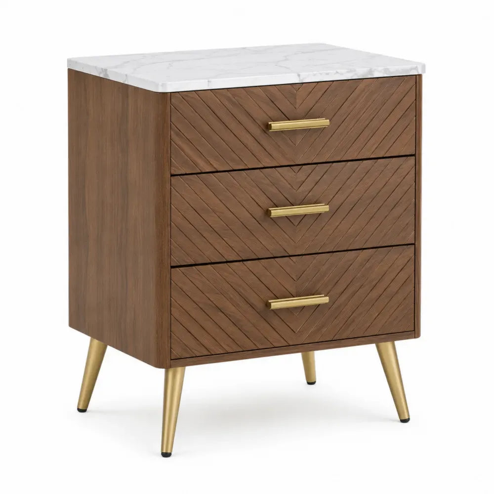 Mesita de noche rectangular con 3 cajones MDF chapado madera marrón encimera efecto mármol blanco patas metálicas doradas 60 x 40 x 65 cm