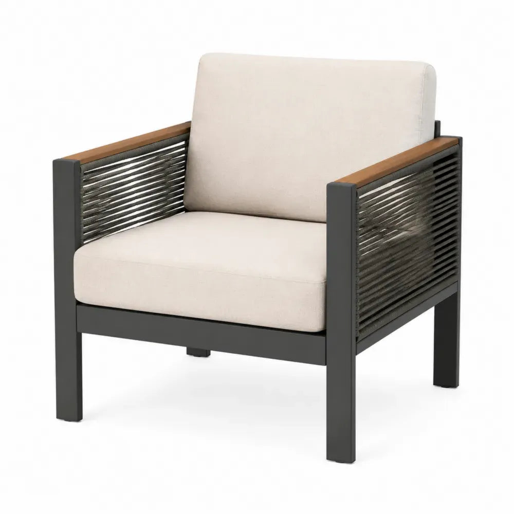 Silla de exterior individual de aluminio negro con cuerda de PE cojines beige y reposabrazos de madera 80 x 78 x 85 cm