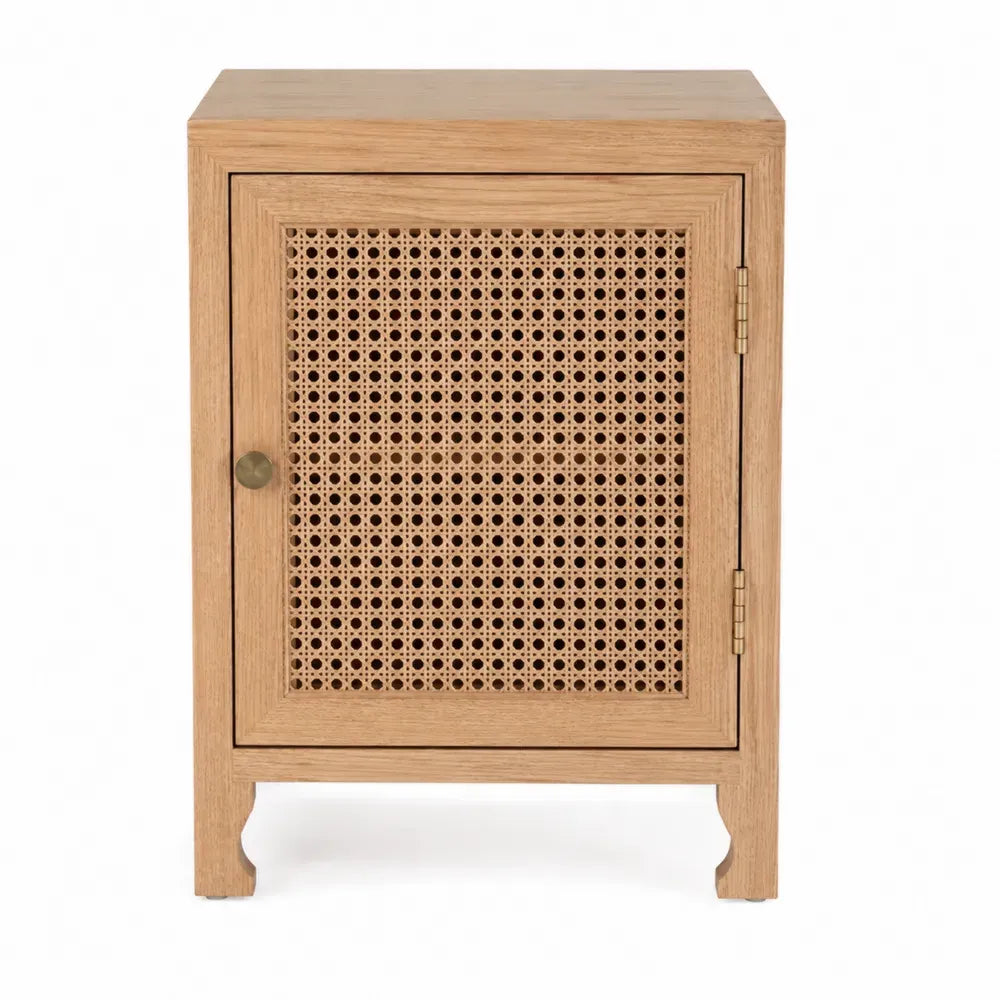 Mesita de noche de madera natural con puerta de ratán tejido y estructura de madera maciza 55x40x60 cm