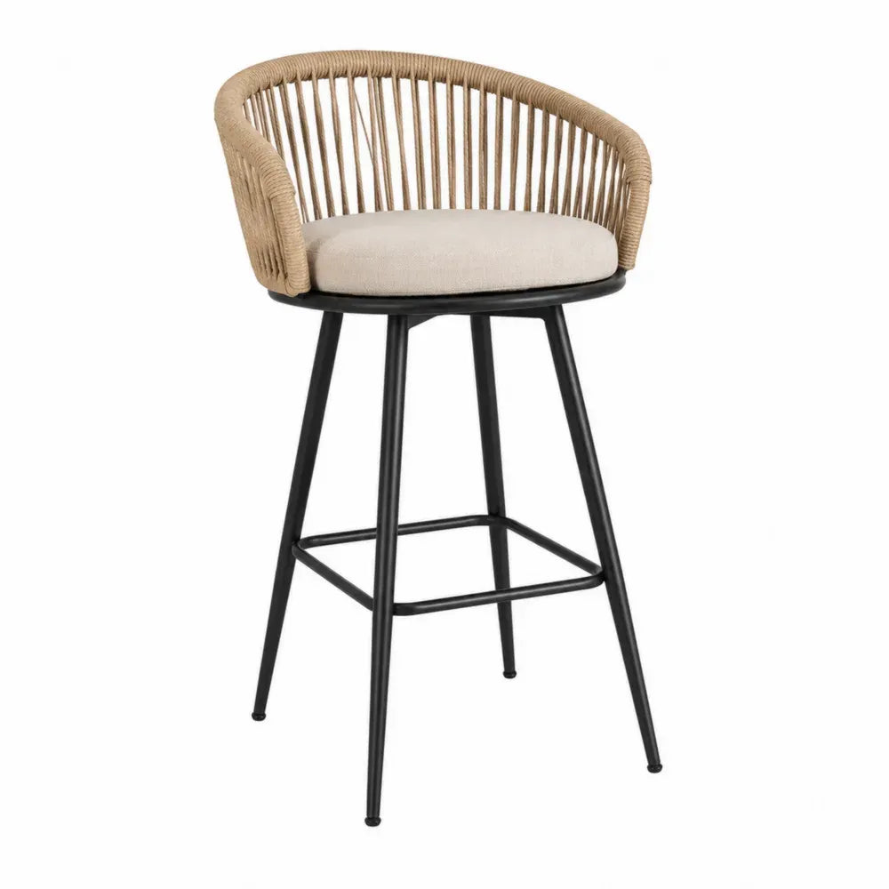 Taburete de bar con respaldo de cuerda trenzada asiento tapizado beige estructura metálica negra y madera natural estilo moderno 45 x 50 x 95 cm