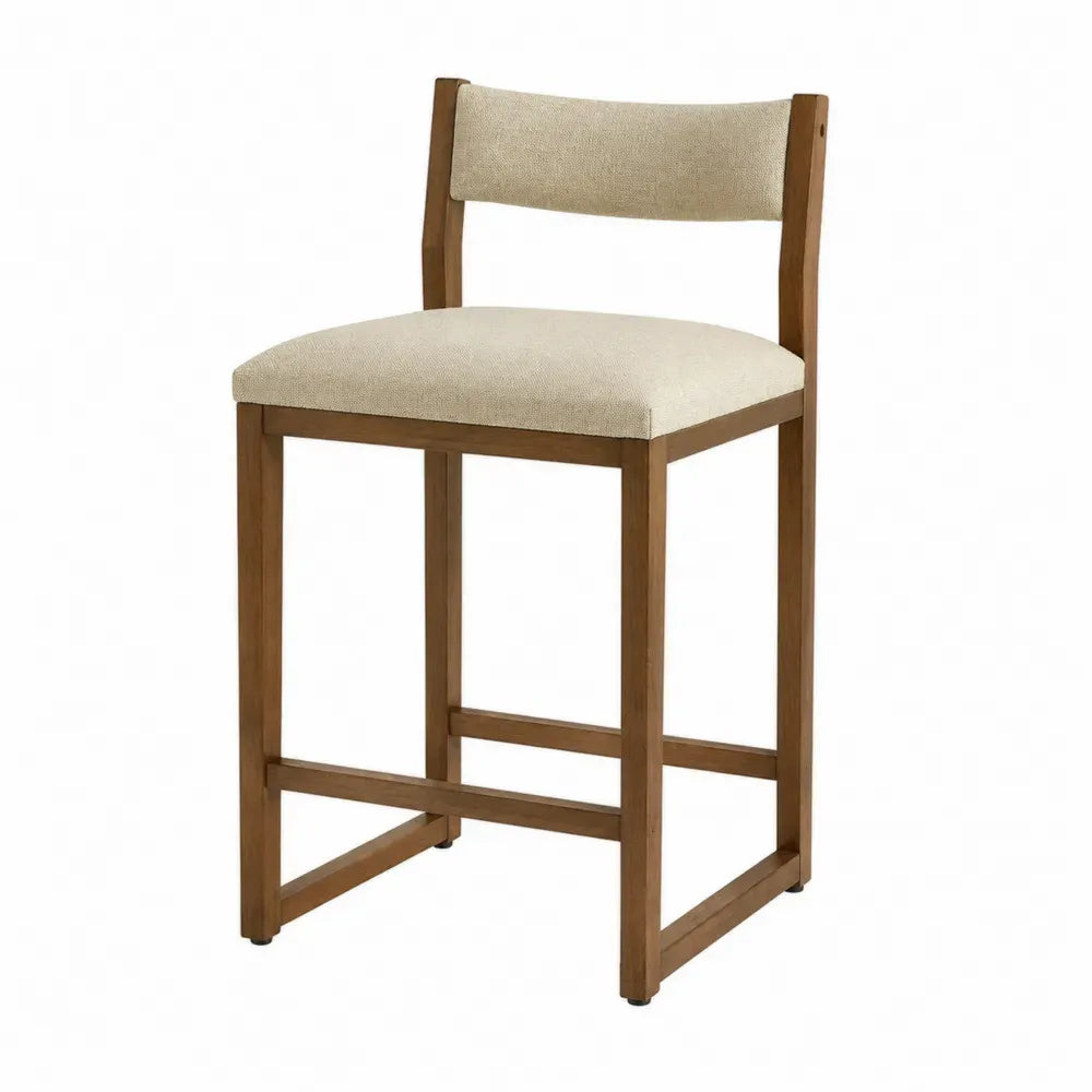 Taburete de bar con respaldo acolchado rectangular asiento tapizado beige estructura de madera marrón y reposapiés 45 x 50 x 90 cm