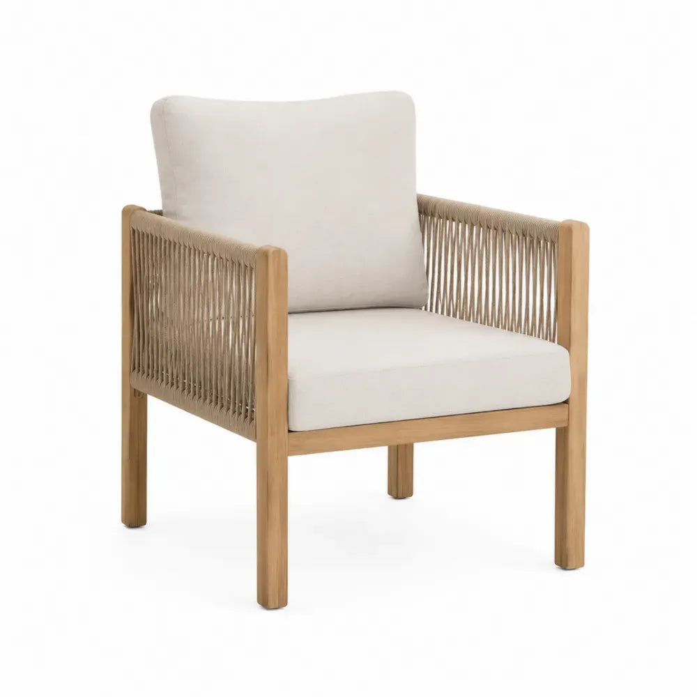 Silla de exterior individual de madera de acacia con cuerda de PE y cojines beige 80 x 85 x 85 cm