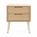 mesita de noche de madera con dos cajones estructura MDF patas de madera maciza color madera natural y blanco 50 cm x 40 cm x 55 cm