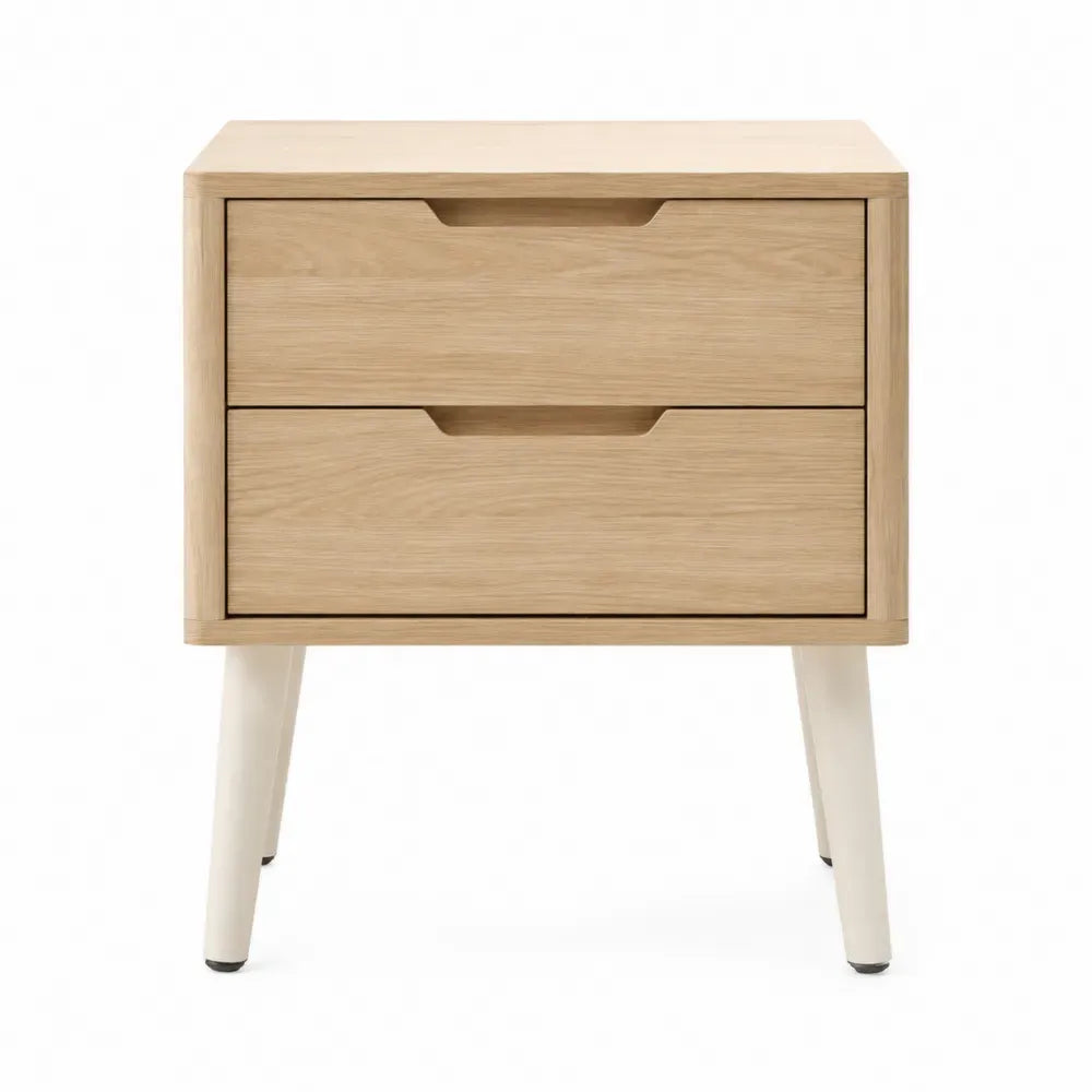 mesita de noche de madera con dos cajones estructura MDF patas de madera maciza color madera natural y blanco 50 cm x 40 cm x 55 cm