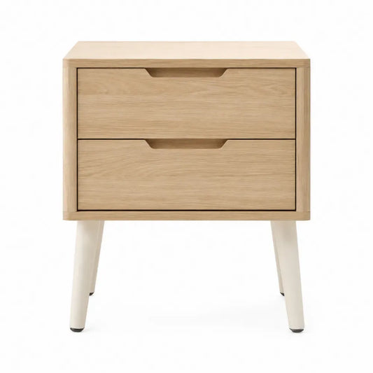 mesita de noche de madera con dos cajones estructura MDF patas de madera maciza color madera natural y blanco 50 cm x 40 cm x 55 cm