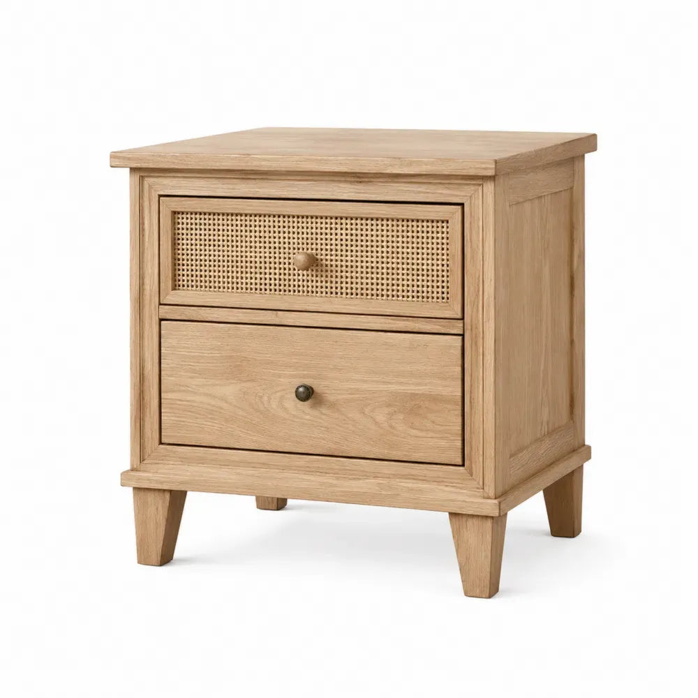 Mesita de noche rectangular de madera con 2 cajones frente de ratán natural color madera natural 50 x 40 x 55 cm