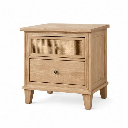 Mesita de noche rectangular de madera con 2 cajones frente de ratán natural color madera natural 50 x 40 x 55 cm
