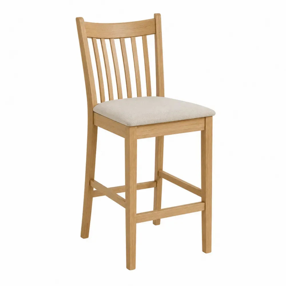 Silla de bar alta de madera de caucho natural con respaldo de listones y asiento tapizado beige 55 x 52 x 95 cm