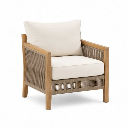 silla de exterior con reposabrazos de madera maciza y cuerda trenzada con cojines tapizados en tejido de poliéster color beige 75 cm ancho 80 cm profundidad 85 cm altura