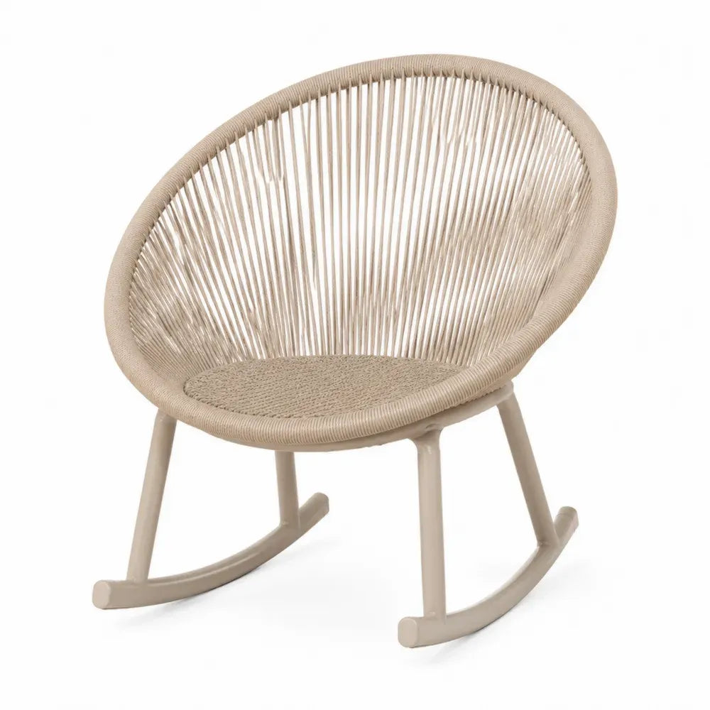 Silla mecedora de exterior ovalada de cuerda PE beige con estructura de aluminio 75 x 85 x 95 cm