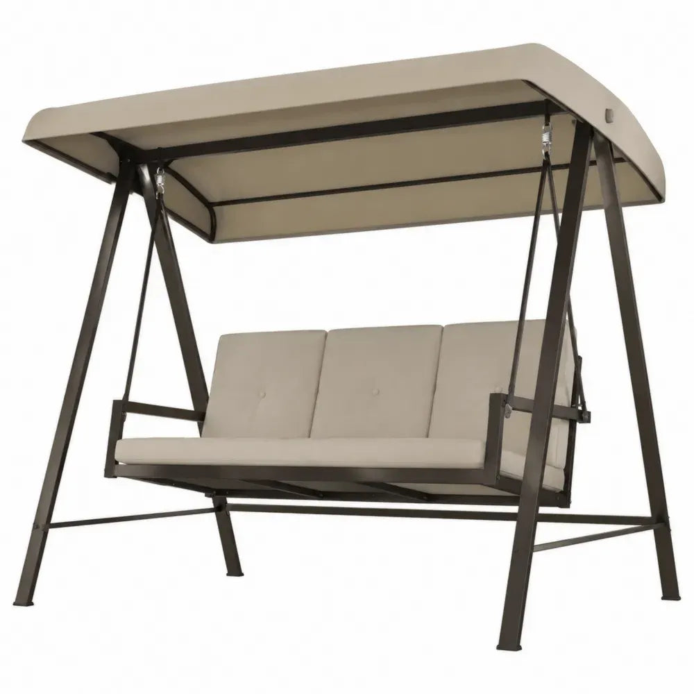 Columpio de exterior de 3 plazas con toldo de poliéster beige y estructura de acero marrón oscuro 200 x 120 x 170 cm