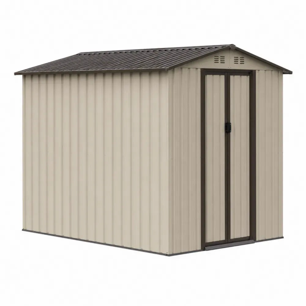 caseta de almacenamiento exterior metálica de acero galvanizado color beige con techo a dos aguas y doble puerta frontal 200 x 120 x 180 cm