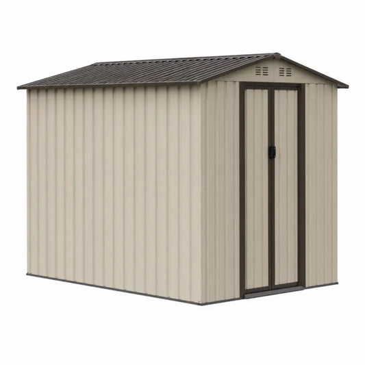 caseta de almacenamiento exterior metálica de acero galvanizado color beige con techo a dos aguas y doble puerta frontal 200 x 120 x 180 cm