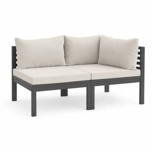 sofá de exterior de aluminio gris oscuro con cojines beige estructura recta 180 cm x 70 cm x 75 cm