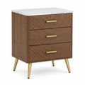 Mesita de noche rectangular con 3 cajones MDF chapado madera marrón encimera efecto mármol blanco patas metálicas doradas 60 x 40 x 65 cm