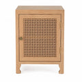 Mesita de noche de madera natural con puerta de ratán tejido y estructura de madera maciza 55x40x60 cm