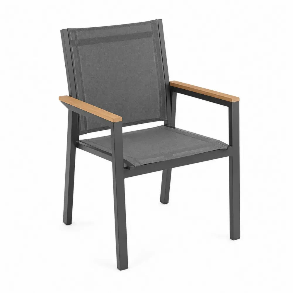 silla de exterior de aluminio con asiento textilene gris y reposabrazos de madera natural 55 cm ancho 60 cm profundidad 85 cm altura