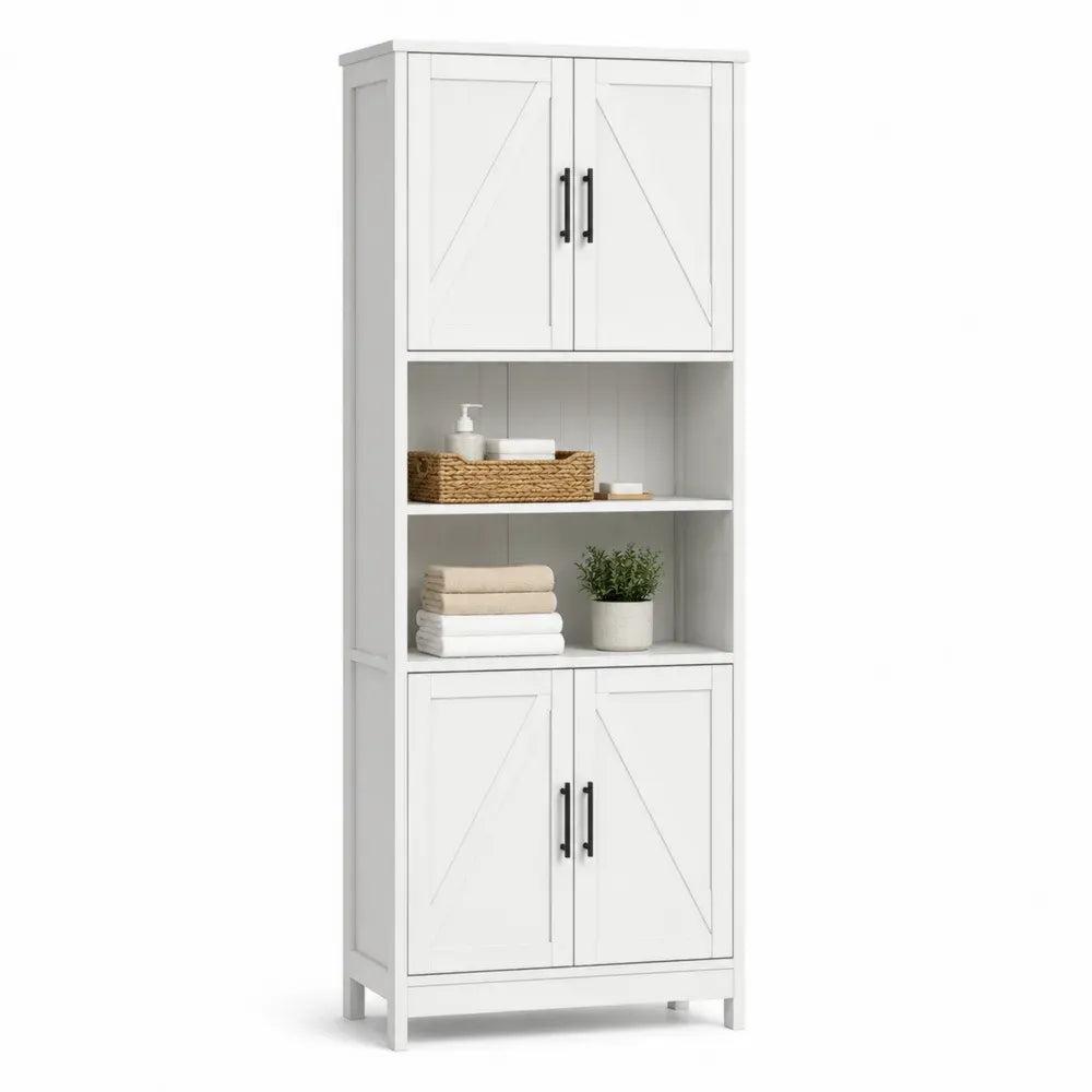 Armario de almacenamiento rectangular alto con 4 puertas y 2 compartimentos abiertos MDF blanco tiradores negros 80 x 40 x 180 cm