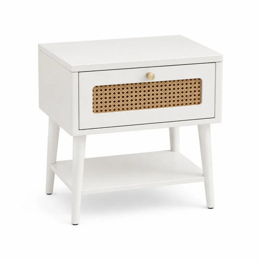 mesita de noche de MDF lacado blanco con cajón frontal de ratán natural y estante inferior 45 cm x 35 cm x 50 cm