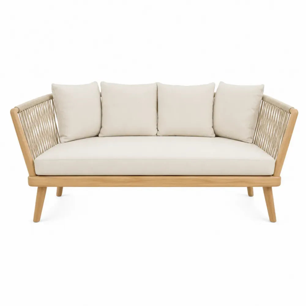 Sofá de exterior de 3 plazas de madera de acacia natural con cuerda de PE y cojines beige 180 x 80 x 75 cm