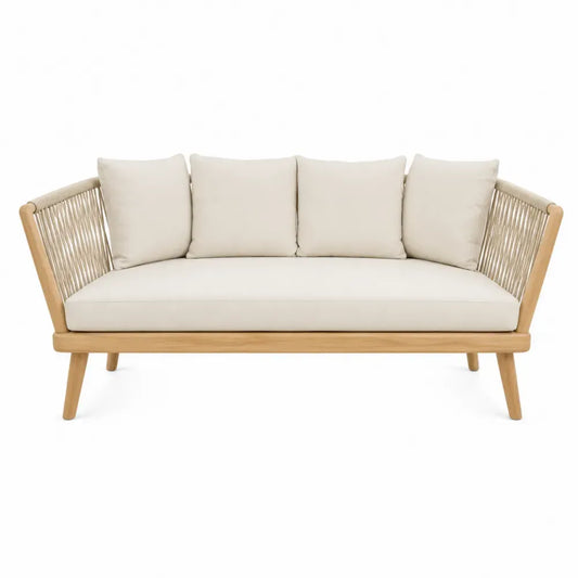 Sofá de exterior de 3 plazas de madera de acacia natural con cuerda de PE y cojines beige 180 x 80 x 75 cm