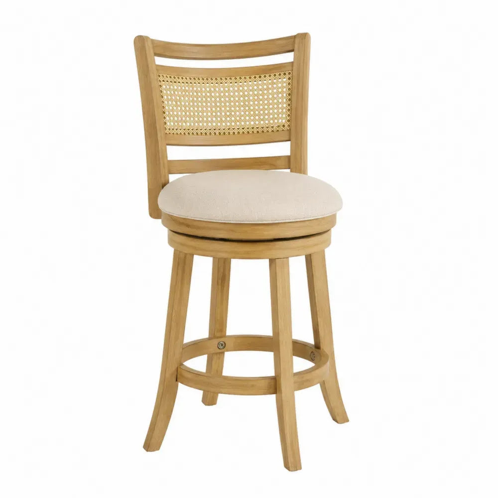 Taburete de bar giratorio con respaldo de ratán asiento acolchado beige estructura de madera natural y reposapiés circular 45 x 45 x 105 cm