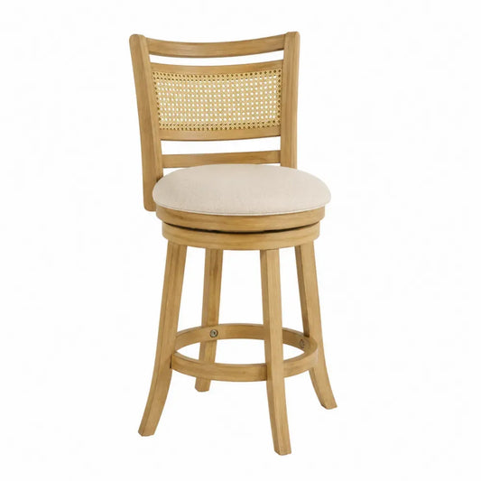 Taburete de bar giratorio con respaldo de ratán asiento acolchado beige estructura de madera natural y reposapiés circular 45 x 45 x 105 cm