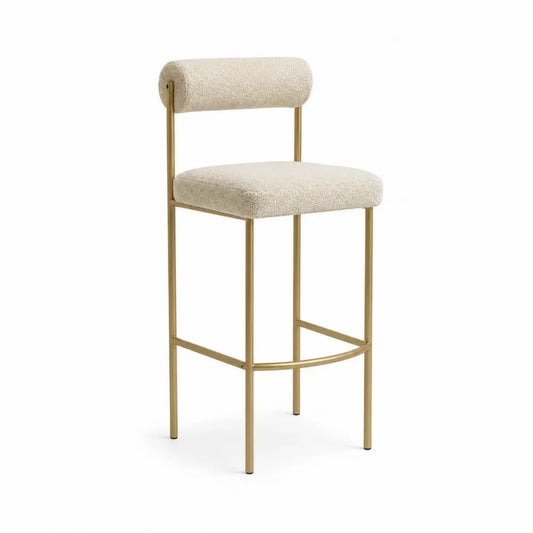 Taburete de bar con respaldo cilíndrico tapizado beige estructura metálica dorada estilo moderno 45 x 50 x 95 cm