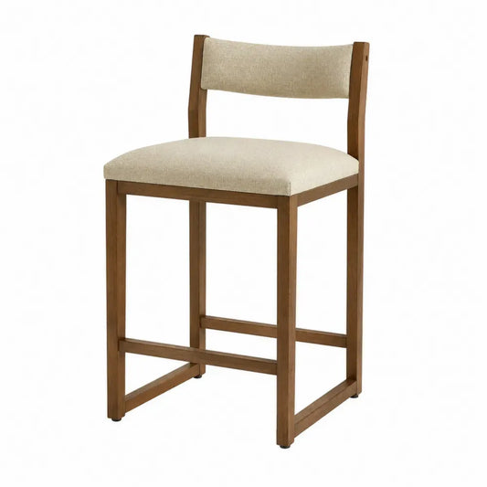 Taburete de bar con respaldo acolchado rectangular asiento tapizado beige estructura de madera marrón y reposapiés 45 x 50 x 90 cm
