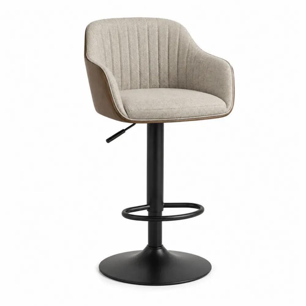 Silla de bar regulable con respaldo tapizado beige estructura de acero negro giratoria con reposapiés altura ajustable 60-85 cm