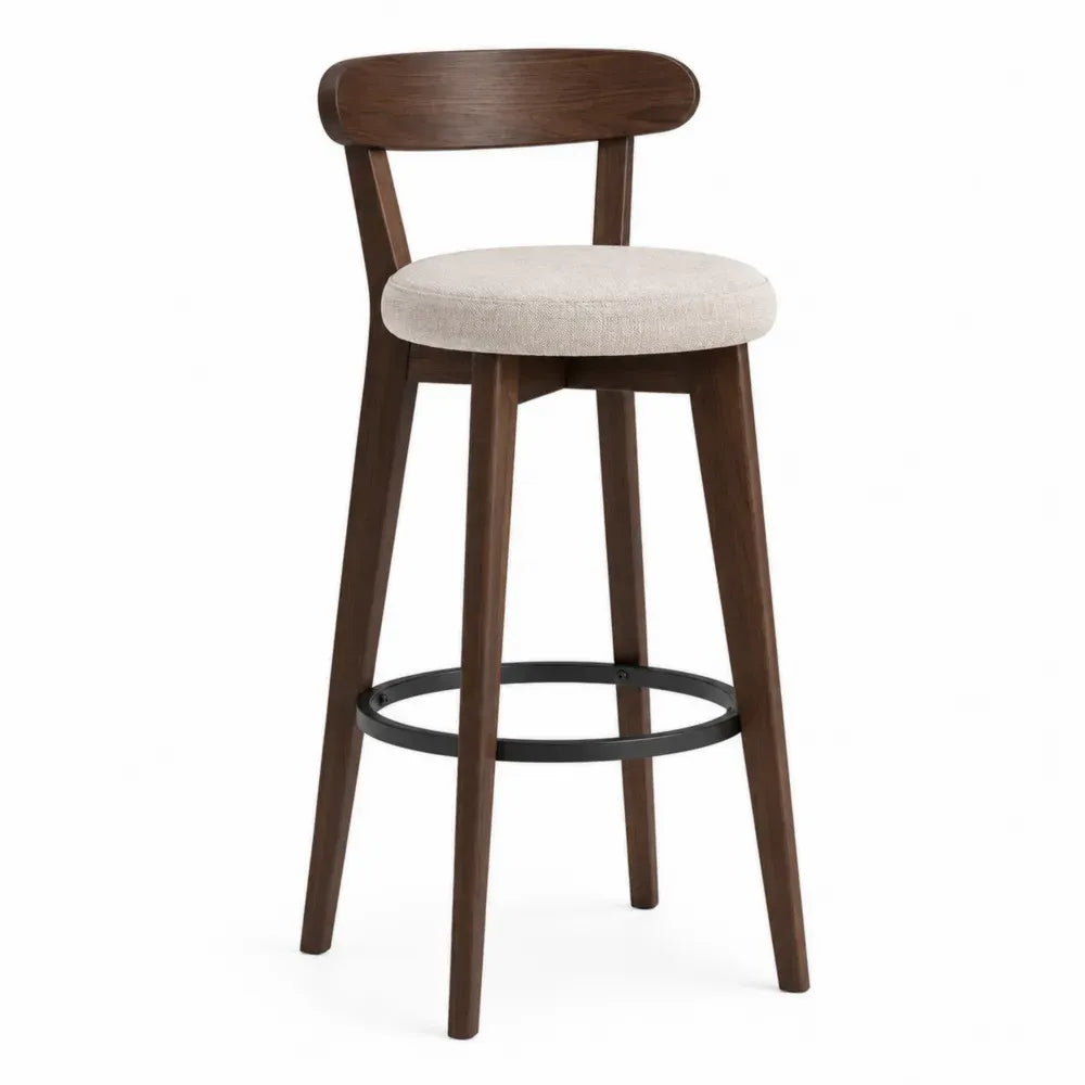 Taburete de bar con respaldo de madera asiento redondo acolchado beige estructura de madera marrón y reposapiés negro 40 x 40 x 100 cm