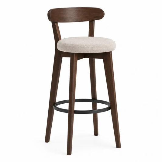 Taburete de bar con respaldo de madera asiento redondo acolchado beige estructura de madera marrón y reposapiés negro 40 x 40 x 100 cm