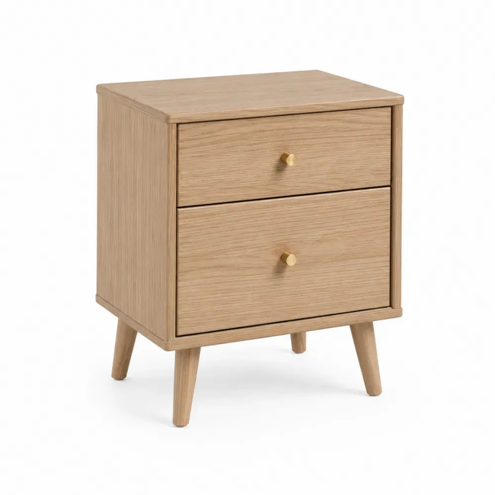 Mesita de noche rectangular con 2 cajones MDF chapado en roble color roble natural patas de madera 50 x 40 x 55 cm