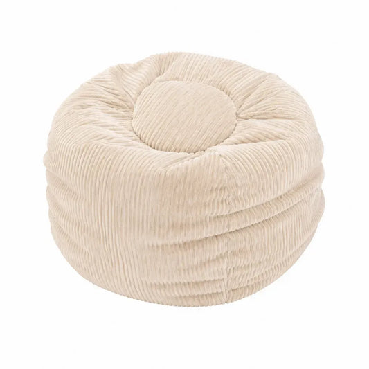 Puf redondo de 60 cm de diámetro y 40 cm de altura tapizado en tejido acanalado beige con relleno de espuma y fibra de poliéster