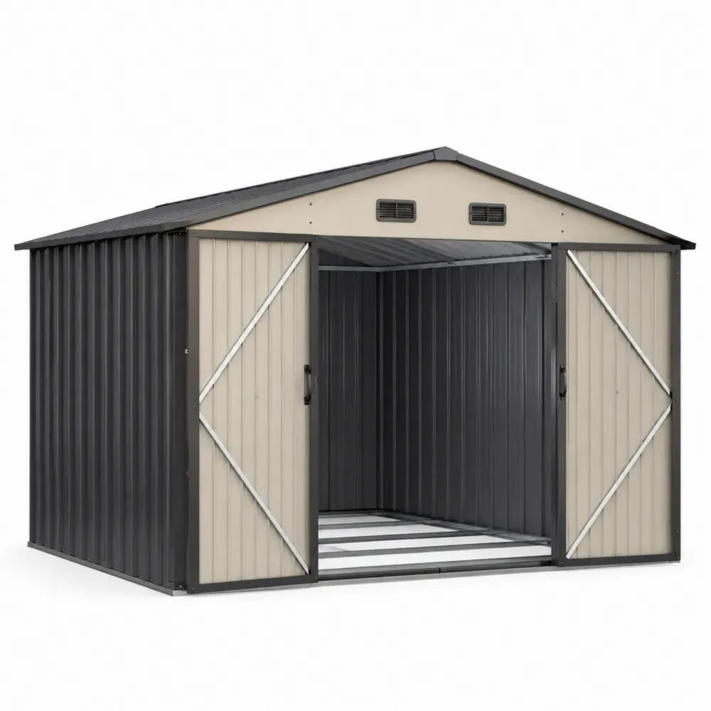 cobertizo de almacenamiento exterior de acero galvanizado con techo a dos aguas puertas dobles gris oscuro beige 300 cm x 240 cm x 210 cm