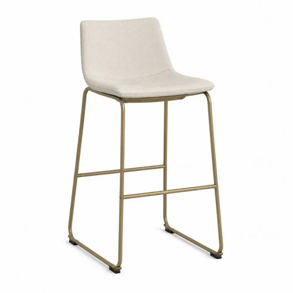 Taburete de bar con respaldo bajo acolchado asiento tapizado beige estructura tubular de acero dorado y reposapiés 45 x 43 x 95 cm